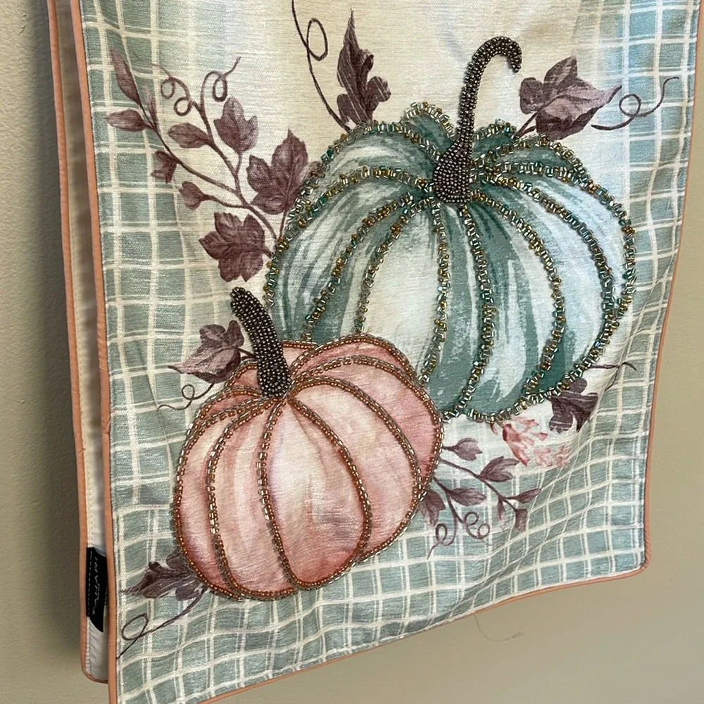 Tahari, Fall Pumpkin with Autumn Leaf Theme Beaded Table Runner 16” x 72”
